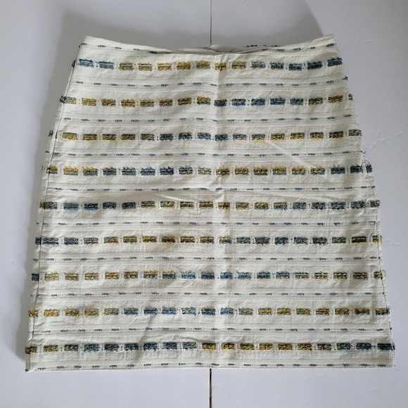 Loft Cream Boucle Yellow Blue Striped Cotton Blend Pencil Skirt - Picture 2 of 10